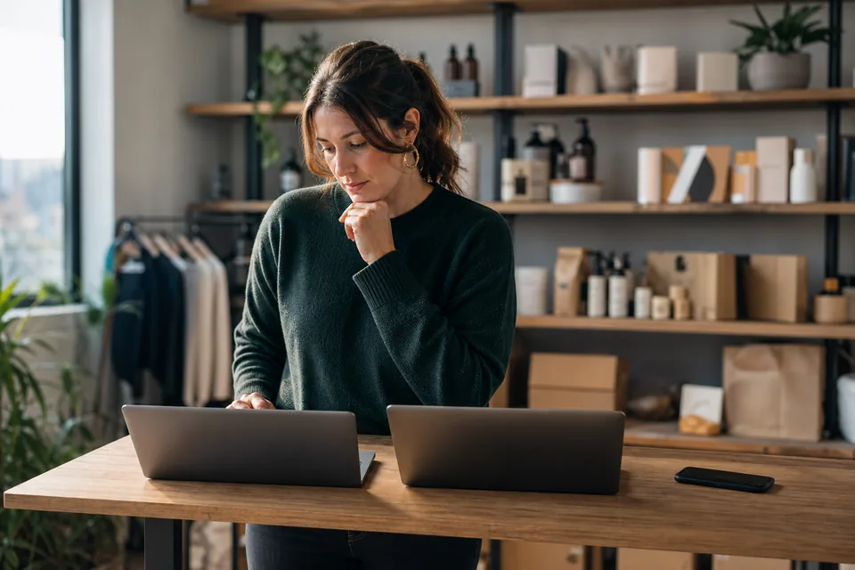 CRM marketing lead deciding between two platforms at a standing desk in an ecommerce office