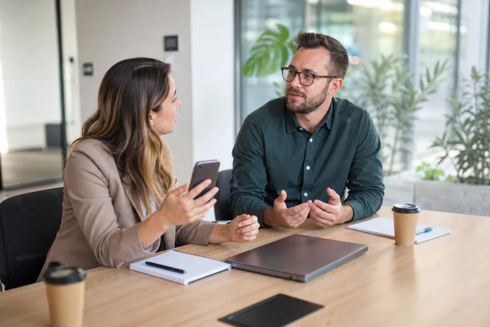 Two marketing colleagues at a meeting table discussing messaging software costs, one holding a phone