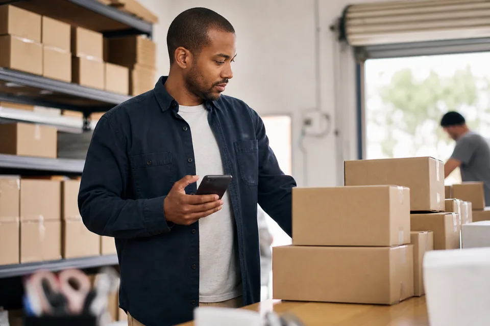 Ecommerce operations lead with a phone next to shipping boxes ready for order update messages