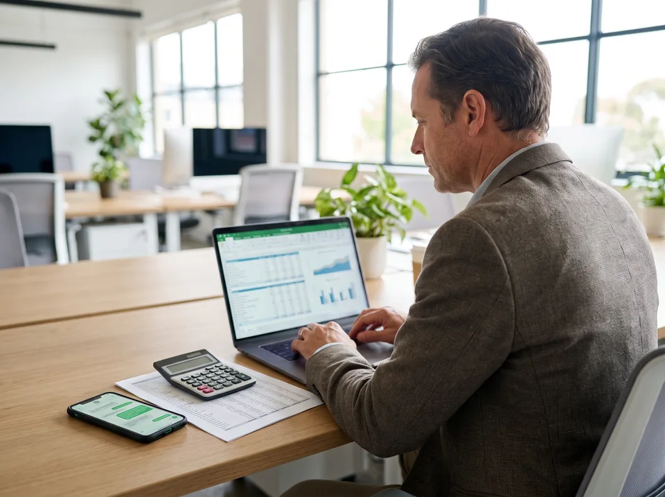 Finance manager reviewing a monthly WhatsApp API invoice on a laptop
